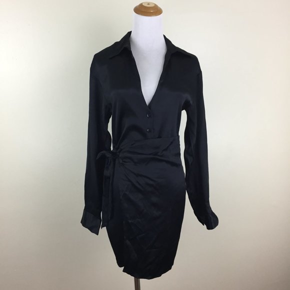 NWT ZARA Long Sleeve Black Satin Button Collared Flap Tie Overlay Front Dress - Picture 5 of 14